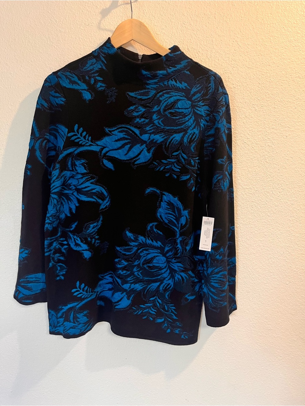 Chico's Black Top with Vibrant Blue Floral Print, Mock Neck